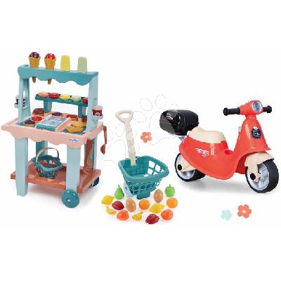 Set odrážedlo Donáška jídla a zmrzlinový stánek Food Express Smoby s pokladnou vaflemi a nákupní vozík s ovocem a zeleninou