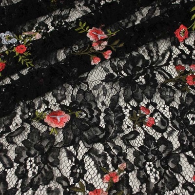 Krajka černá, červenobílý květ, š.140