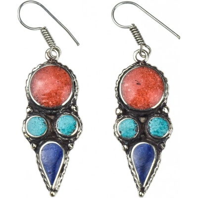 Sanu Babu Nepálské visací naušnice vykládané tyrkenitem lapisem a korálem 54 mm