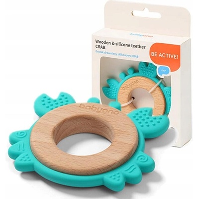 BabyOno drevené silikón hryzátko Krab tyrkysová