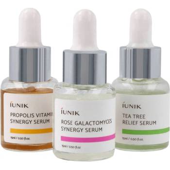 iUNIK - Daily Serum Trial Kit - Sada 3 miniatúr - Propolis Vitamín Synergy Serum - 15 ml + Tea Tree Relief Serum - 15 ml + Rose Galactomyces Synergy Serum - 15 ml