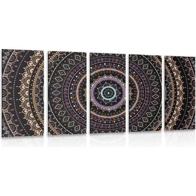 5-dílný obraz Mandala se vzorem slunce ve fialových odstínech - 100x50