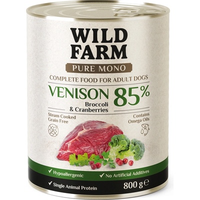 WILD FARM pure mono Елено месо, броколи и червена боровинка 800 г - монопротеинова храна за кучета