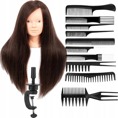 Korbi Kadeřnická hlava, školení, hnědé vlasy 70 cm, sada s hřebeny