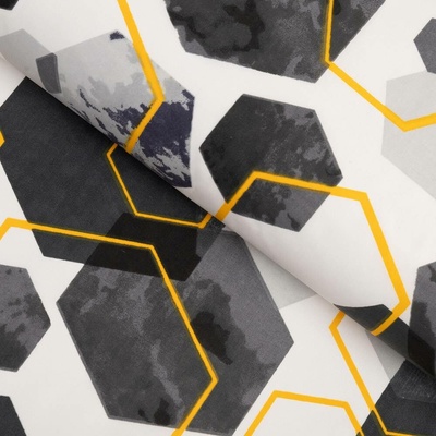 Bavlněná látka/plátno Sandra SA-568 Šedo-modrofialové mramorové hexagony na bílém - šířka 160 cm