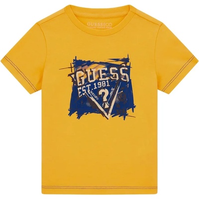 GUESS Жълта блуза с къс ръкав за мини момче с лого в бяло и синьо Guess