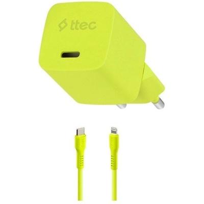 Ttec Зарядно 220V ttec SmartCharger GAN 20W PD Travel Fast Charger + USB-C - Lightning Cable 120cm, Neon Yellow