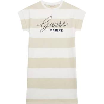 Image 1 of Guess Раирана рокля в бяло и бежово с бродиран надпис Guess