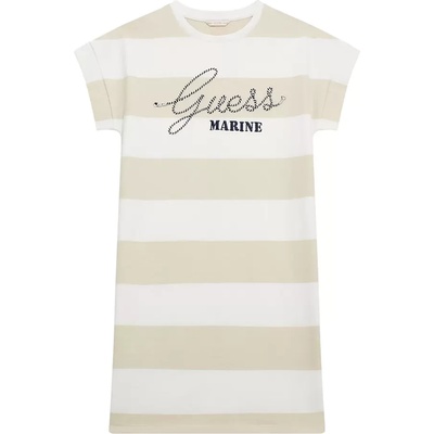 Guess Раирана рокля в бяло и бежово с бродиран надпис Guess