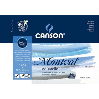 Canson Montval Aquarelle skicák kroužkový na krátké straně 300g 12 listů 10,5x15,5cm bílá do A5 300 a víc jemně zrnitá