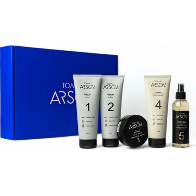 Tomas Arsov Starostlivosť o kučeravé jemné vlasy Green Tea šampón 250 ml + Kondic. 250 ml + Balance Obnov. maska 100 ml + Marulový olej s vit. E 50 ml + Hair Liquid Kerat. voda 200ml darčeková sada