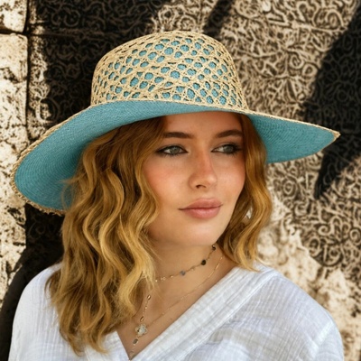 Krumlovanka Letní dámský slaměný klobouk Big Brim Handcrafted Co-14012B tyrkysový