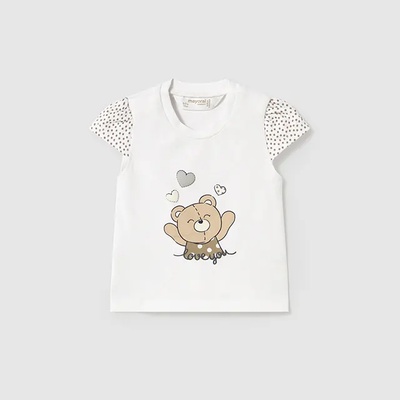 MAYORAL Тениска къс ръкав в бяло с бежови детайли и мече за бебе момиче Майорал