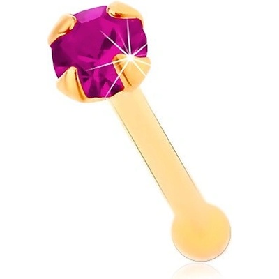 Šperky eshop rovný piercing do nosu ve žlutém zlatě zirkonek fuchsiové barvy GG176.07