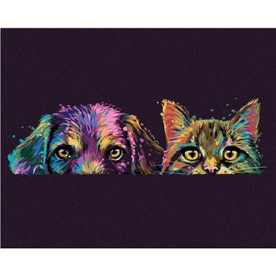 zuty malování podle čísel Pes a kočka v barvách 80 x 100 cm vypnuté plátno na rám