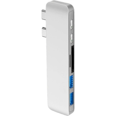 AppleKing 6v1 hliníkový hub / rozbočovač z USB-C (Thunderbolt 3) na 2× USB 3.0 + čítačka SD a TF kariet + 2× USB-C pre MacBook – strieborný