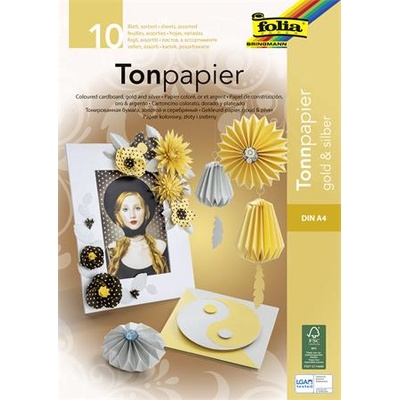 FOLIA Цветна хартиена подложка, A4, 130 g, 10 листа, FOLIA, златисто-сребърна 601 (601)