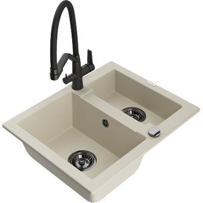 Mexen Carlos гранитна мивка 1, 5-контейнерна с кухненски смесител Duo, бежова - 6518-69-671701-70-B (6518-69-671701-70-B)