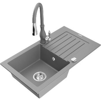 Mexen Pablo гранитна кухненска мивка с една камера с отцедник и кухненски смесител Savita, сив - 6510-71-672601-71 (6510-71-672601-71)