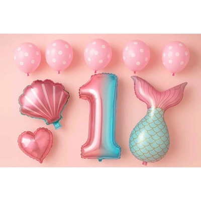 Camerazar Sada 7 balónků s konfetami mořská panna číslo 4 duhové barvy fólie a latex výška 81 cm