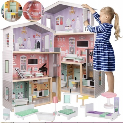 KIK KX5219 Dřevěný domeček pro panenky + nábytek pastel 114cm – Zboží Dáma