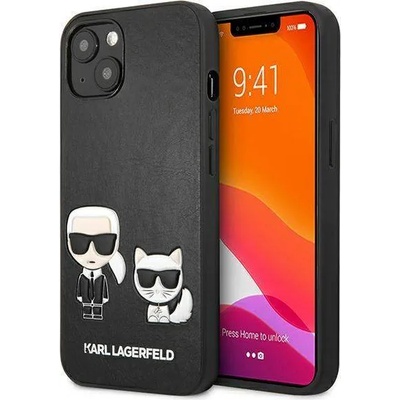 KARL LAGERFELD Karl & Choupette Ikonik Leather Case - дизайнерски кожен кейс за iPhone 13 (черен)