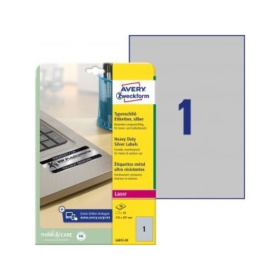 Etikety polyesterové 210x297mm Avery A4 strieborné 20 hárkov