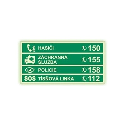 Tísňová telefonní čísla - fotoluminiscenční tabulka, plast 1 mm 300x150 mm