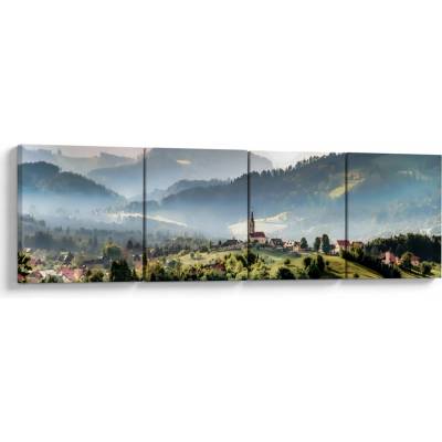 Obraz - vesnička v mlze, Čtyřdílný 160x40 cm
