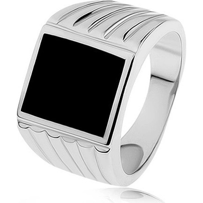 Šperky eshop Stříbrný prsten 925 ramena se zářezy černý glazovaný obdélník S82.14