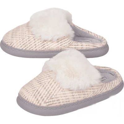 Домашни пантофи в млечно бяло и сиво с пух