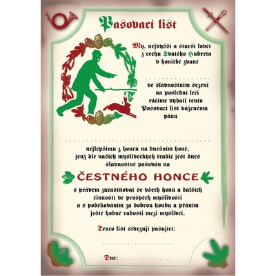 e‑myslivost.cz Pasovací list na čestného honce - Motiv s personalizací