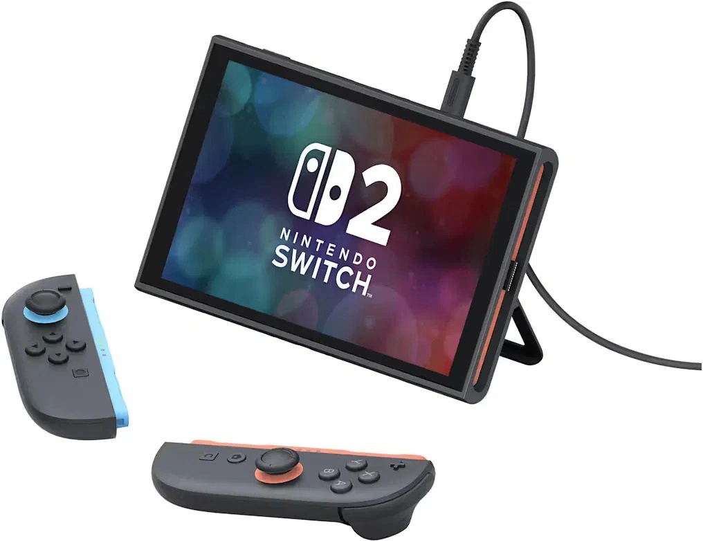 Nintendo Switch 2 s vysunutým stojánkem a připojeným horním USB-C