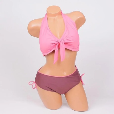 Дамски макси бански в розово и кафяво с панделка - d