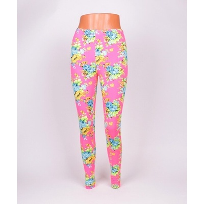 Дамски еластичен клин в неоново розово със свежи цветя в синьо и жълто