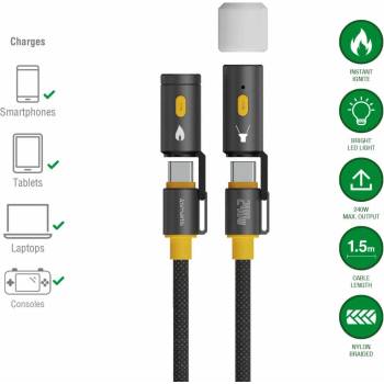 4smarts 3-in-1 USB-C Cable Set Explorer 240W - кабел с бързо зареждане за устройства с USB-C порт, LED светлина и запалка (150 см) (черен)