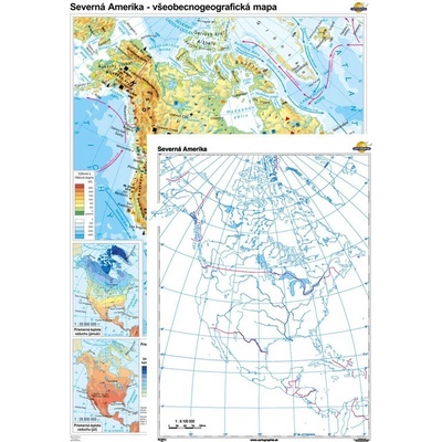 Cartographia Severná Amerika - všeobecnogeografická mapa + slepá mapa DUO (100x140 cm – 1:6950000), nástenná, fóliovaná, lištovaná