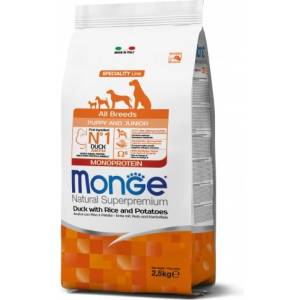 Monge Natural Superpremium All breeds Puppy and Junior Monoprotein Duck with Rice and Potatoes - пълноценна суха храна за подрастващи кученца от всички породи с патешко, ориз и картофи - 2, 5 кг, Италия - 1