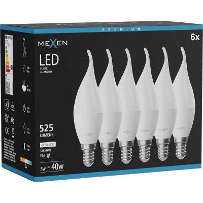 Mexen Nova 6x LED крушка пламък E14, C37, 5W, Неутрална - 4000K, 525 lm - L106-E14-0540-01x06 (L106-E14-0540-01x06)