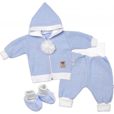 Baby Nellys 3-dielna súprava Hand made pletený kabátik kalhoty a topánočky modrá