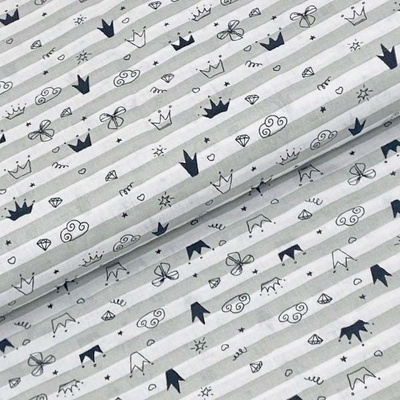 Bavlněné plátno P0639 bílo-šedé pruhy, černý vzor, š.140