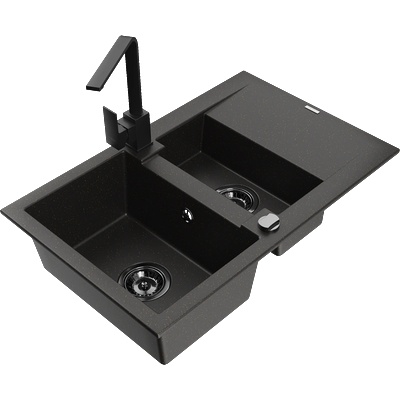 Mexen Gaspar гранитна мивка с 1, 5 камери и отцедник и кухненски смесител Rita, черна/златен - 6507-75-670300-70-B (6507-75-670300-70-B)