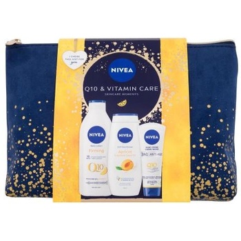 Nivea Q10 & Vitamin Care подаръчен комплект: лосион за тяло Q10 Vitamin C Firming 400 ml + душ гел Apricot & Apricot Seed Oil 250 ml + крем за ръце Q10 Anti-Age 100 ml + козметична чанта за жени