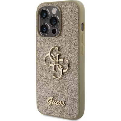 GUESS Блестящ Калъф за iPhone 15 Pro Max, Guess Glitter Script Big 4G Case, Златист (GUHCP15XHG4SGD)