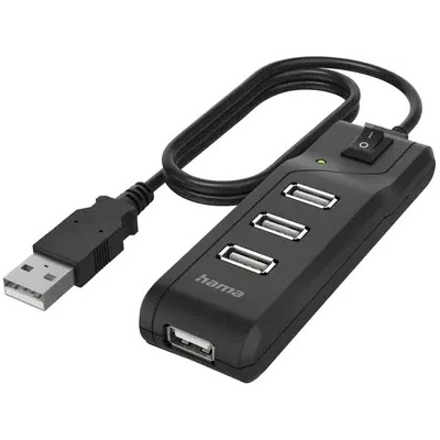 Hama USB хъб HAMA, С бутон вкл. /изкл. , USB 2.0, 1: 4, 480 Mbit/s, черен (HAMA-200118)