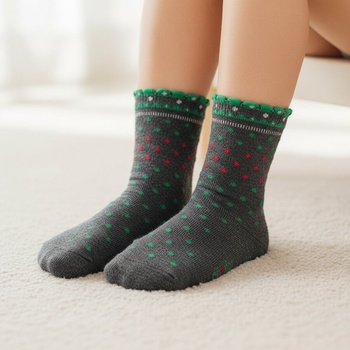 Детски чорапи в графитено сив цвят с червени и зелени точки