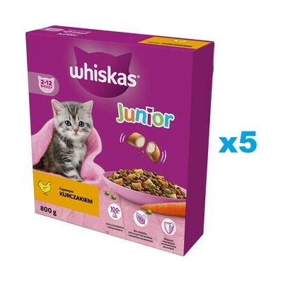 WHISKAS Junior s lahodným kuracím mäsom 5 x 0,8 kg