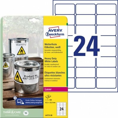 Etikety polyesterové 63,5x33,9mm Avery A4 biele 20 hárkov