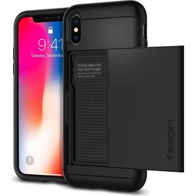 Spigen Slim Armor Case CS - хибриден кейс с отделение за кр. карти и най-висока степен на защита за iPhone XS, iPhone X (черен)