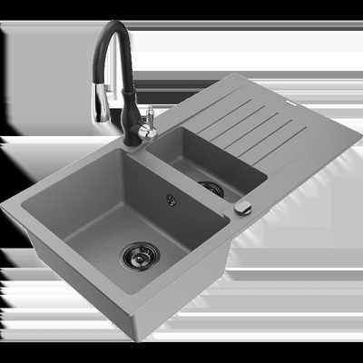 Matias гранитна мивка с 1, 5 камери с отцедник и кухненски смесител Savita, сив - 6502-71-672601-70-B (6502-71-672601-70-B)